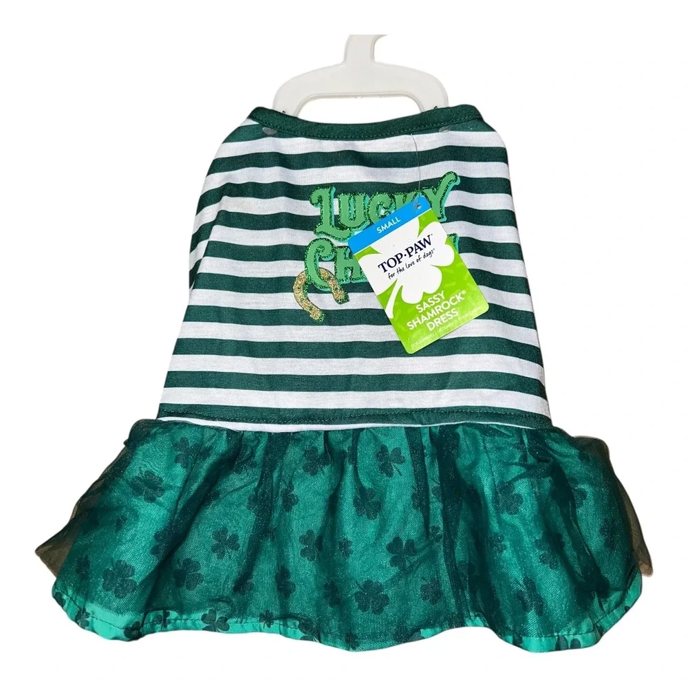 Top Paw Small Dog Dress Green White Stripes Lucky Charm St Patricks DaPet Outfit